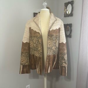 Vintage Coldwater Creek Open Faux Suede Tan and Cream Patterned Jacket